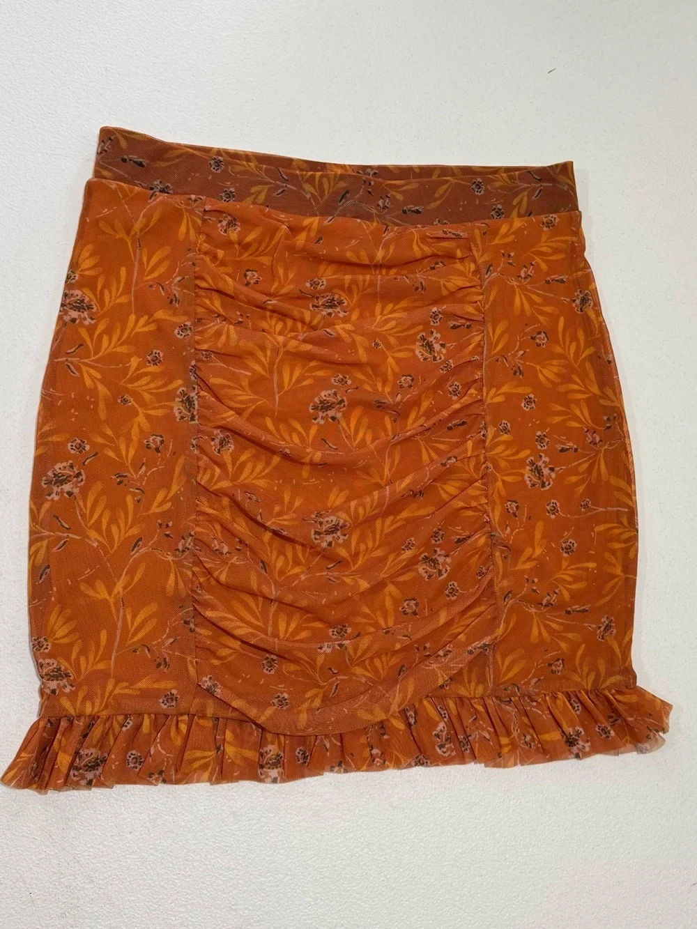 Free People Romi Mesh Ruffle Mini Skirt Orange Floral Ruched Size S